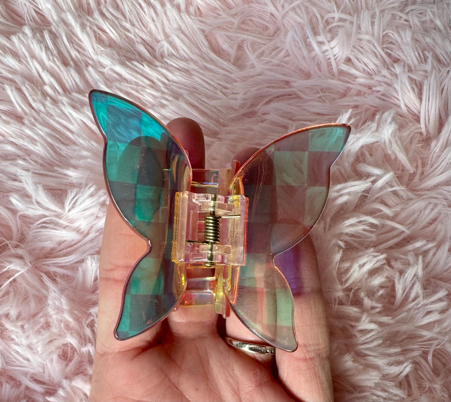 Medium Iridescent Checkered Butterfly Hair Claw Clip