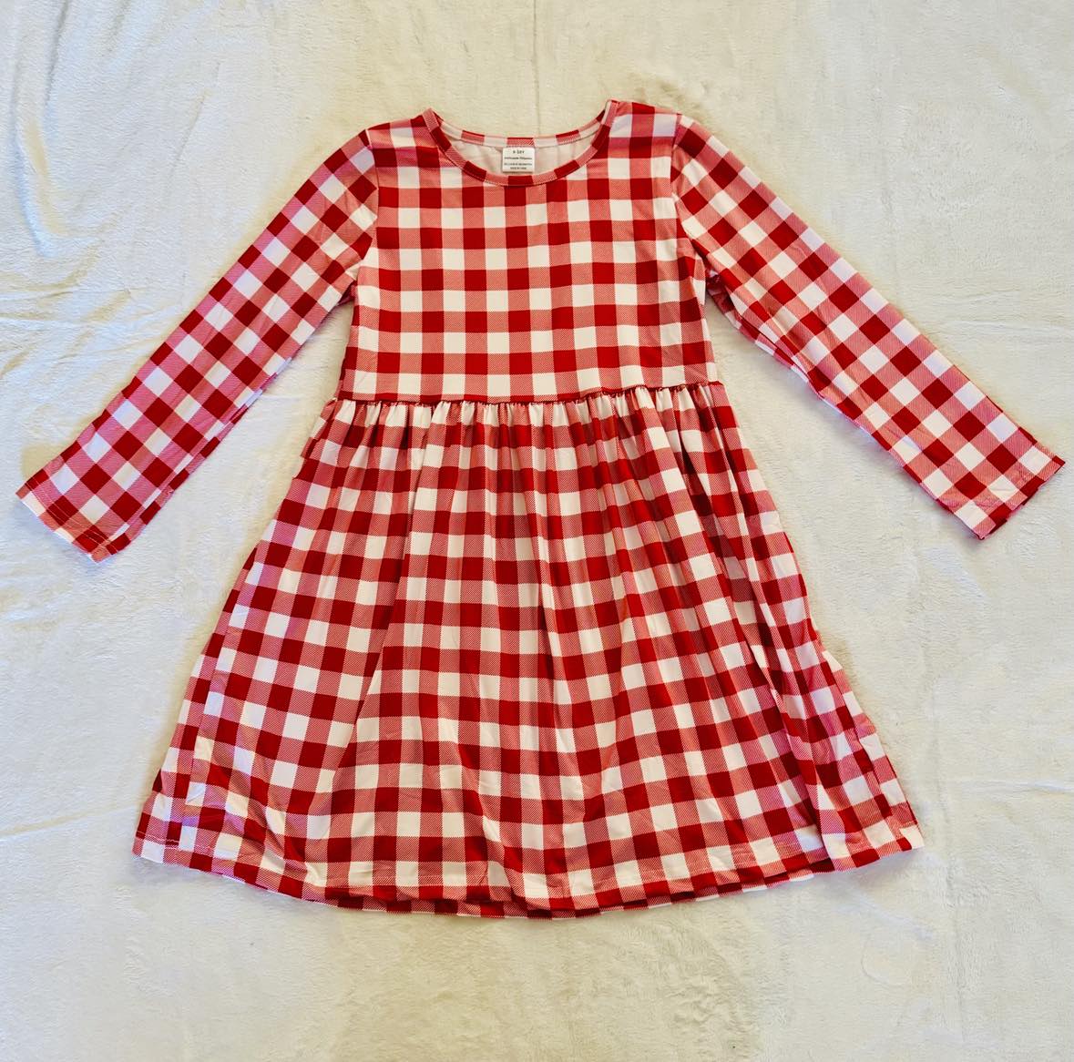 Red & White Girls Plaid Twirl Dress