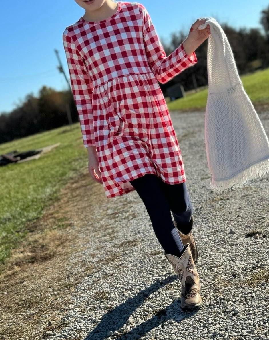 Red & White Girls Plaid Twirl Dress