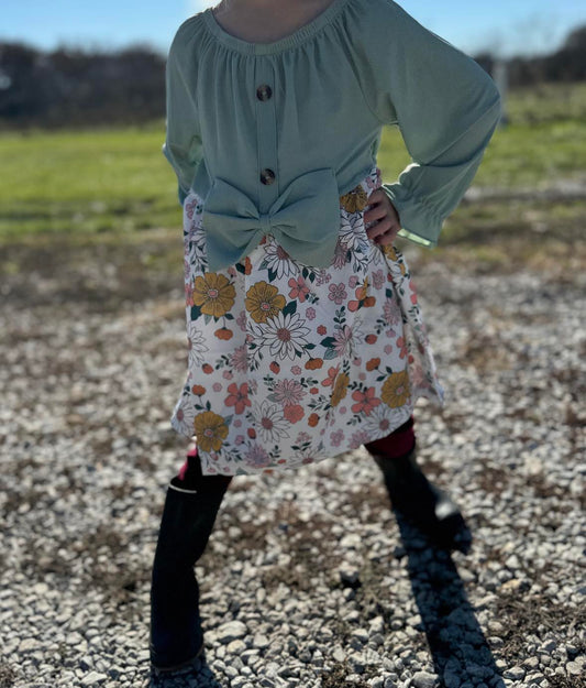 Green/ Multicolor Flower Twirl Dress